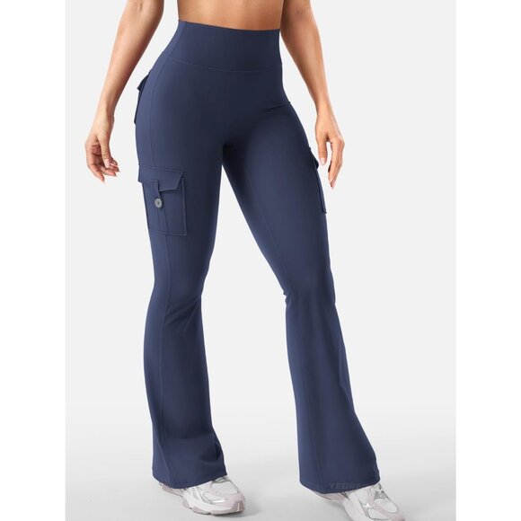 Women's Navy High Waisted Workout Flare Leggings 32 inch Seam with Pockets - Picture 4 of 6